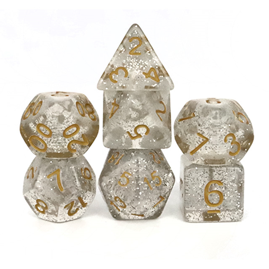 Transparent Glitter with gold numbers: Fantastic Games DND Dice Set