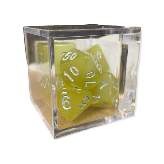 White/Yellow Set of 7 Fusion Glow In the Dark Dice with Silver Numbers